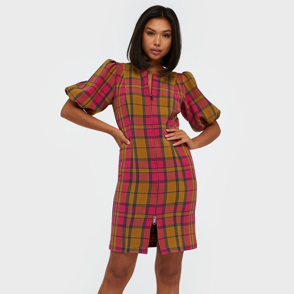 Plaid Puff-Sleeve Shift Dress in Pink & Tan - Picture 3 of 16